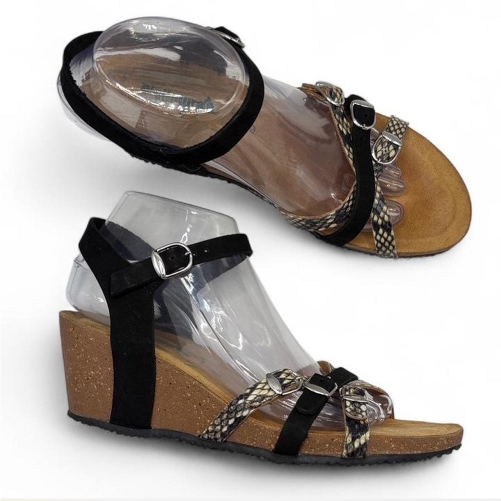 Bio Natura Italy Black Leather Faux Snake Print Wedge Sandal Shoes size 8.5